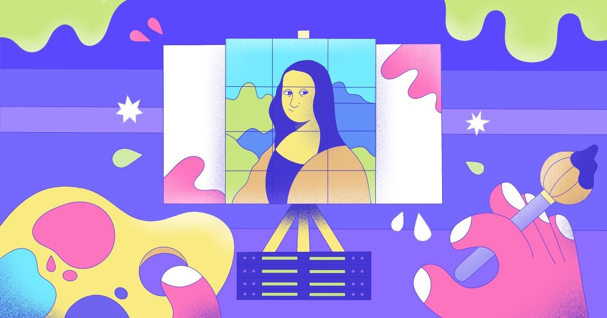 Digital illustration depicting mona-lisa painting on a canvas and a hand with paintbrush in it